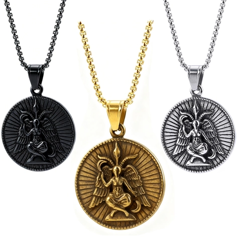 Collana Pendente Medaglione Rotondo Testa Di Capra Baphomet Satana Acciaio Inossidabile Gioielli Religiosi Punk Gotici Uomo