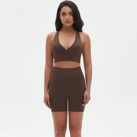 Conjunto De Yoga De Punto Sin Costuras Para Mujer Sujetador Deportivo De Alta Elasticidad Y Pantalones Cortos De Cintura Alta