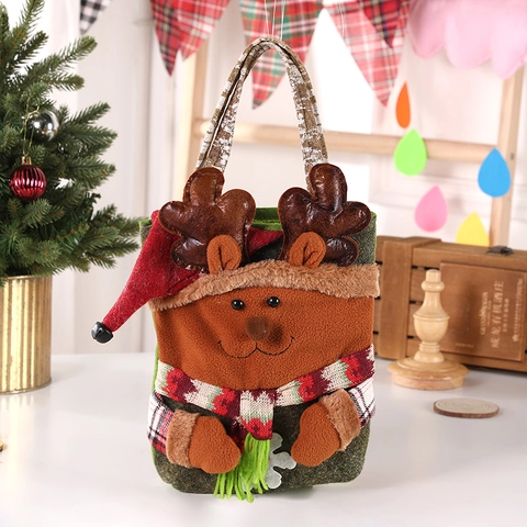 Christmas Gift Bags 3D Cartoon Santa Snowman Reindeer Portable Fabric Felt Bark Texture Candy Totes Party Decor