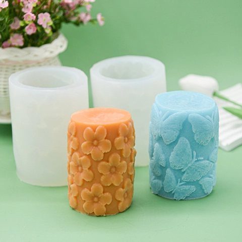 Embossed Butterfly Plum Blossom Cylindrical Silicone Mold 3D Relief For DIY Handmade Candle Soap Craft Making