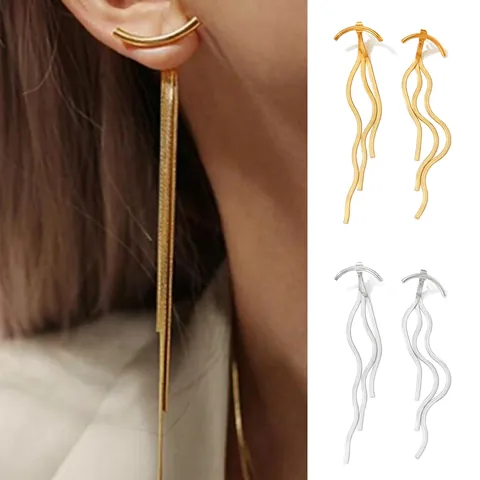 Pendientes Colgantes De Borla Larga De Acero Inoxidable Arco Geométrico Cadena De Serpiente Estilo Minimalista Vintage Para Mujeres