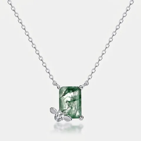 Collar De Ágata Musgosa Verde Natural Cuadrada Con Abeja De Plata Cadena De Plata De Ley 925 Para Mujer