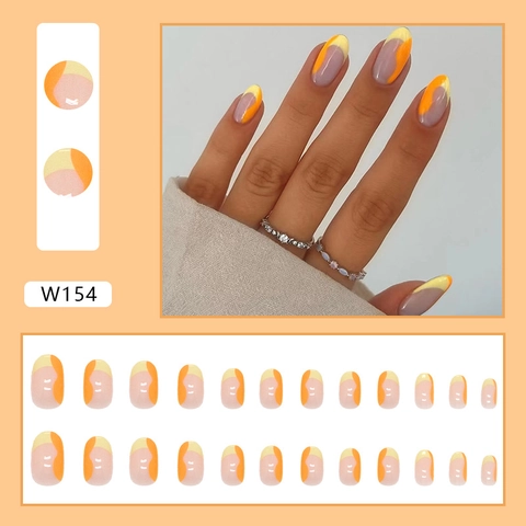 Unghie Finte Ovali Lucide Con Motivo A Onde Astratte Arancione Giallo Resina Manicure Per Donna Stile Semplice