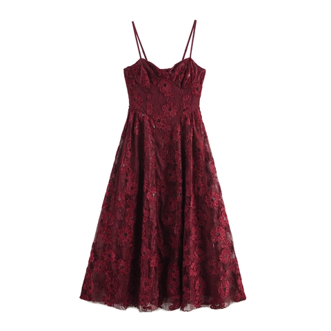 Wine Red Sequin Lace Camisole Evening Dress With 3D Velvet Flowers Elegant Vintage Party Maxi For Women