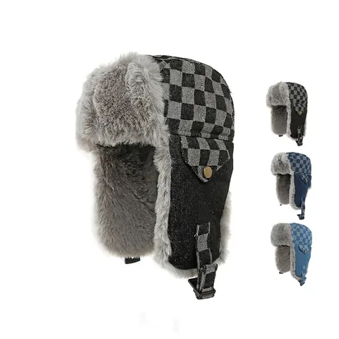 Chapeau Trappeur En Denim À Damier Hiver Protection Des Oreilles Chaud Coupe-Vent Doublure Fausse Fourrure Unisexe
