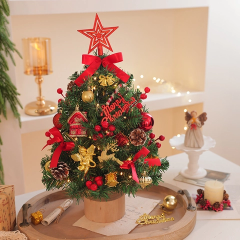 Mini Desktop Christmas Tree With Warm LED Light String PVC Artificial Tree Ornaments Wooden Base Festive Tabletop Decoration