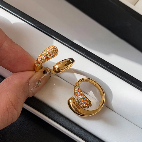 Water Drop Open Ring Gold Plated Brass Multi Color Zircon Adjustable Niche Fashion Jewelry For Women