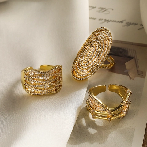 Luxury Geometric Open Adjustable Ring Copper 18K Gold Plated Zircon Micro Pave Fashion Jewelry For Women