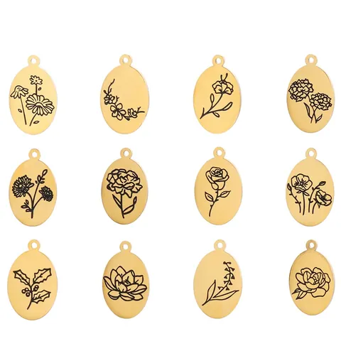 Stainless Steel Birth Month Flower Pendants Oval Engraved Floral Charms DIY Jewelry Making For Necklace Bracelet Gift