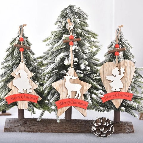 Christmas Wooden Hanging Pendants Reindeer Santa Angel Shapes Merry Christmas Lettering Rustic Farmhouse Tree Decor