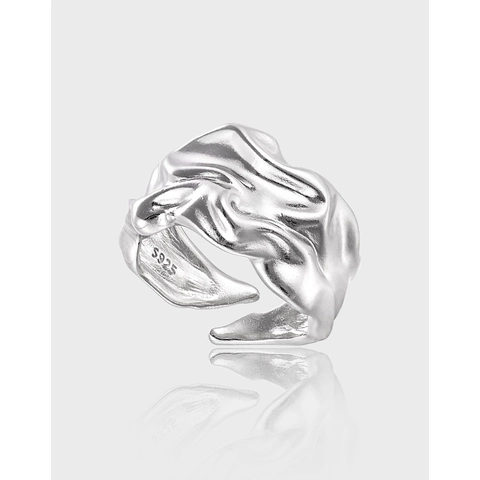 S925 Sterling Silver Irregular Wrinkle Texture Open Ring Niche Minimalist Liquid Metal Style Adjustable Wide Band Finger Ring For Women