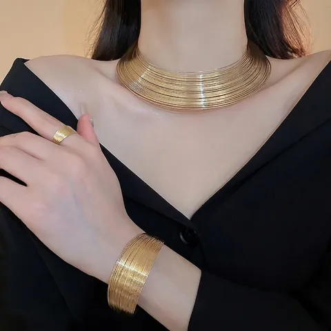 Multi Layer Metal Wire Jewelry Including Necklace Bracelet Earrings And Ring Geometric Alloy Minimalist For Women