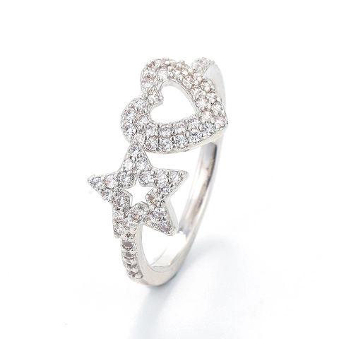 Anello Aperto Regolabile In Rame Con Cuore E Stella In Zircone Micro Pavè Gioielli Di Moda Per Donne