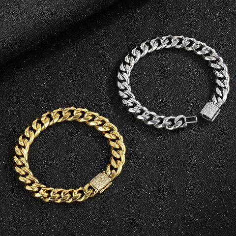 Collar De Cadena Cubana Para Hombre De Acero Inoxidable Con Cierre CNC De Diamantes De Imitación Joyería Hip Hop