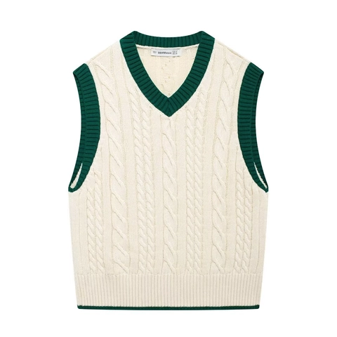 Gilet In Maglia A Trecce Con Scollo A V Da Donna Senza Maniche Bordo A Contrasto Stile Preppy Top Bianco Crema