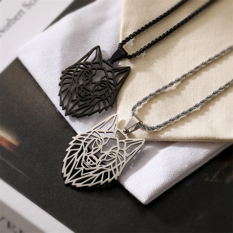 Wolf Head Pendant Necklace Stainless Steel Hollow Geometric Viking Punk Gothic Hip Hop Jewelry Accessories For Men