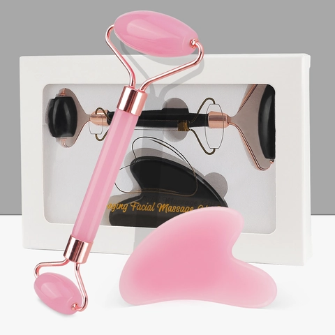 Facial Massager Set Resin Roller And Heart Shaped Gua Sha Board Face Skin Lifting Tools With Rose Gold Zinc Alloy Bracket
