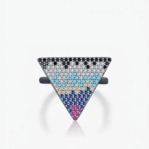 Vintage 925 Sterling Silver Inverted Triangle Finger Ring For Women Multi Color Zircon Pave Geometric Bohemian Jewelry