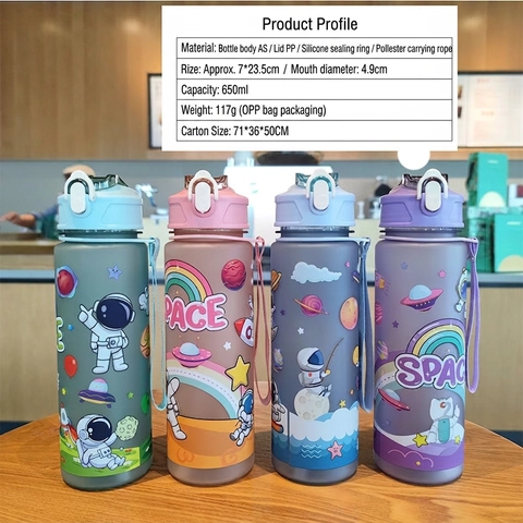 Astronaut Ruimte Thema Plastic Waterfles Met Rietje En Draagriem Mat Gradiënt Lekvrij Draagbaar Voor Kinderen