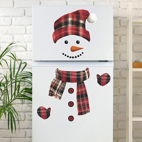 Christmas Snowman Fridge Stickers PVC Red Black Plaid Tartan Holiday Kitchen Wall Decals Decorative Removable