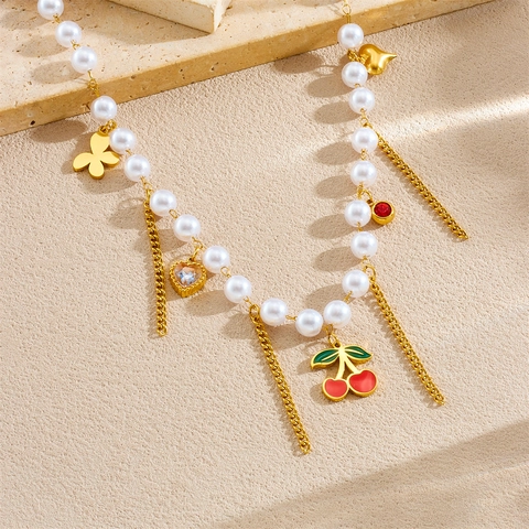 Stainless Steel Imitation Artificial Pearl Necklace Cherry Butterfly Heart Pendants Gold Tone Zircon Tassel Sweet Jewelry Women