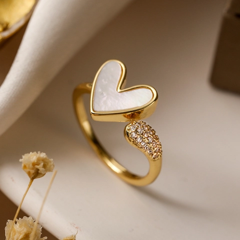 Herzform Verstellbarer Ring Kupfer Vergoldet Mit Perlmutt Zirkon Geometrischer Minimalistischer Damenschmuck