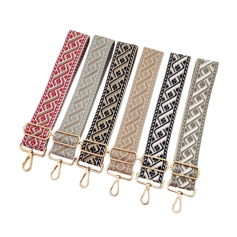 Ethnic Geometric Jacquard Wide Bag Strap Replacement Adjustable Polyester Cotton Shoulder Crossbody Belt With Metal Buckle