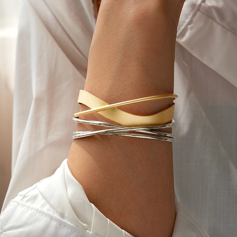 Geometric Cross Multi-layer Alloy Open Cuff Bracelet Minimalist Matte Gold Polished Silver Fashion Accessory Women
