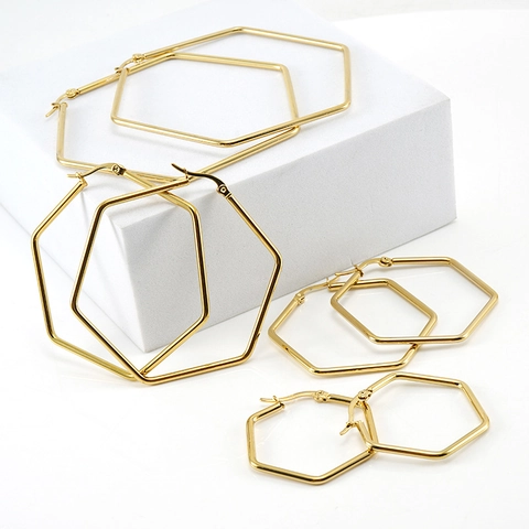 Hexagonal Hoop Earrings 18K Gold Plated Stainless Steel Geometric Minimalist Large Circle Fashion Jewelry For Women