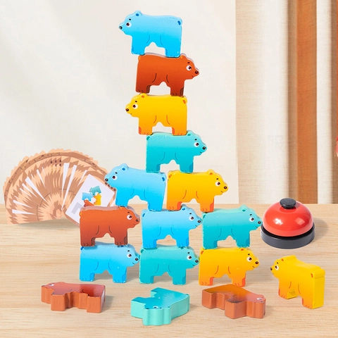 Blocs à Empiler en Forme d'Ours Jeu d'Équilibre en Bois Jouet Éducatif pour Enfants Avec Cartes de Défi et Sonnette