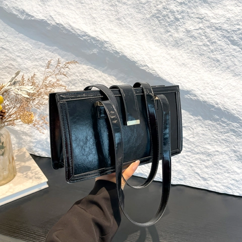 Bolso De Hombro Retro Para Mujer Cuero PU Textura Aceitosa Rectangular Hebilla Dorada Bolso De Mano Diseño De Nicho