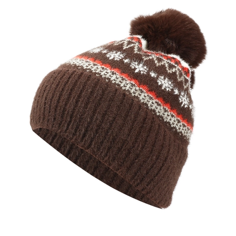Damen Winter Strickmütze Acryl Fleecegefüttert Nordische Schneeflocke Jacquard Warm Outdoor Casual Kunstpelz Bommel