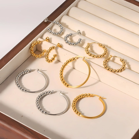 Stainless Steel Beaded Hoop Earrings 18K Gold Plated Geometric Circle C Shape Minimalist Fashion Jewelry For Women