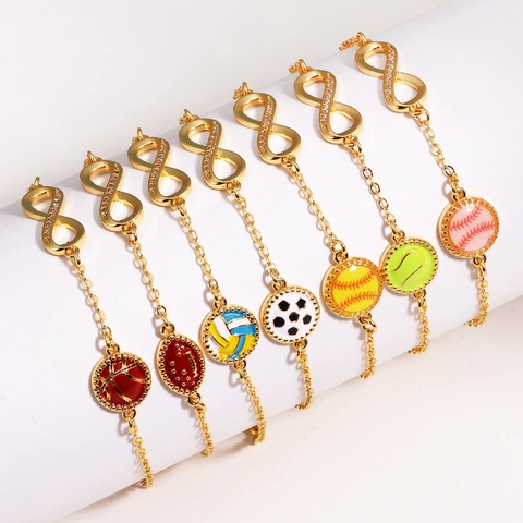 Bracciale Simbolo Infinito Ciondoli Palle Sport Lega Placcato Oro Smalto Zircone Gioielli Regalo Donne Basket Calcio Tennis