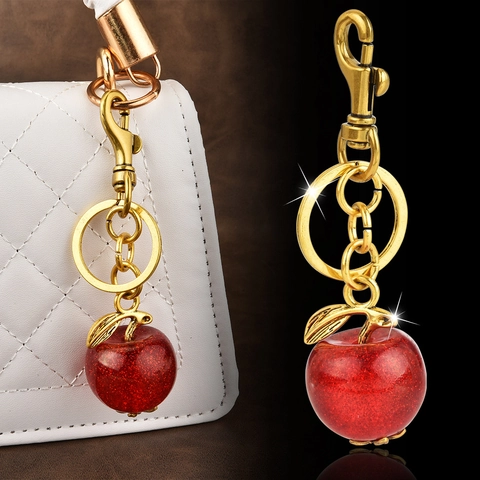 Apple Shape Keychain Resin Glitter Fruit Bag Charm Alloy Leaf Pendant Fashion Jewelry For Women