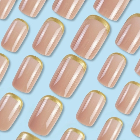 French Press On Nails Gold Metallic Tips Nude Pink Artificial False Nails Square Shape Wearable For Women Elegant Manicure