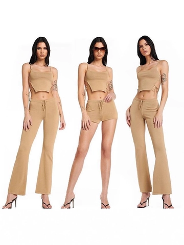 Women Ribbed Knit Crop Vest And Drawstring Shorts Combination Cotton Blend Side Bandage Sexy Summer Casual Slim Fit