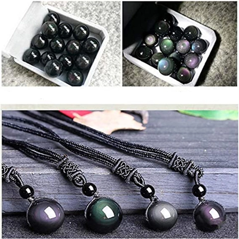 Natural Obsidian Pendant Necklace Rainbow Eye Stone Round Bead Woven Rope Handmade Simple Jewelry Gift For Couple