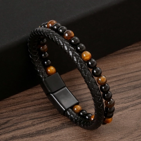 Double Layer Bracelet With Braided Leather Natural Tiger Eye Stone Black Agate Beads Alloy Magnetic Clasp Retro For Men