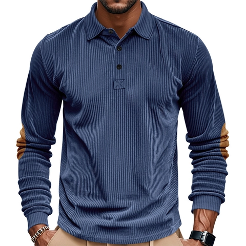 Heren Polo Shirt Lange Mouwen Corduroy Retro Casual Met Elleboogstukken Neerklapbare Kraag Knoopsluiting