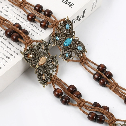 Bohemian Hand-Woven Waist Chain Vintage Butterfly Floral Decorative Belt With Wood Beads Rhinestone Braided Rope Tassel For Women Ethnic Style Accessory
