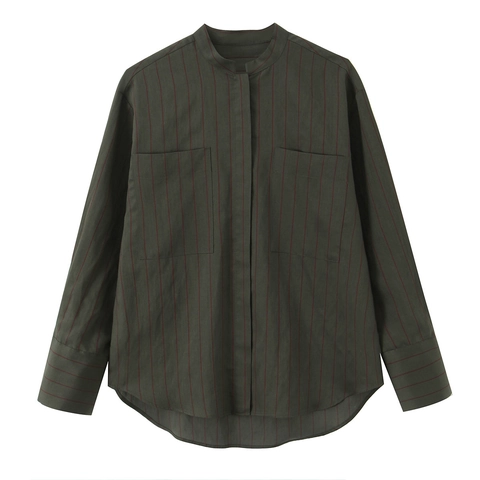 Women Long Sleeve Striped Shirt Polyester Stand Collar Front Pockets Casual Chic Blouse High Low Hem Dark Green