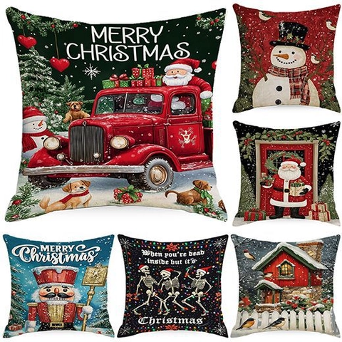 Kerst Kussenhoes Linnen Sneeuwpop Kerstman Print Decoratieve Kussensloop Voor Bank Huis Vakantie Vintage Stijl