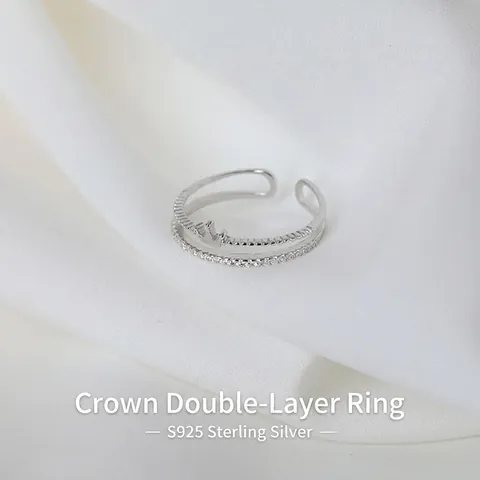 Elegant Crown Double Layer Open Ring For Women Copper With Micro Pave Zircon Simple Luxury Princess Style Adjustable Finger