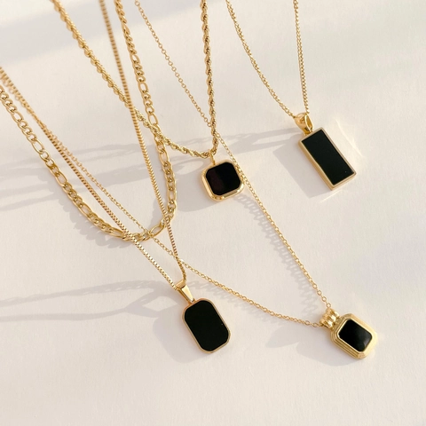 Halskette Für Damen Edelstahl Schwarzer Onyx Geometrischer Quadratischer Rechteckiger Anhänger Minimalistisches Vintage Accessoire