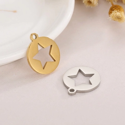 Round Hollow Star Stainless Steel Pendants For DIY Jewelry Making Accessories Minimalist Polished Metal Tags