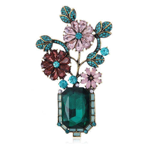 Spilla A Vaso Di Fiori Barocca Vintage Lega Strass Cristallo Verde Taglio Smeraldo Floreale Accessorio Gioielli Da Donna