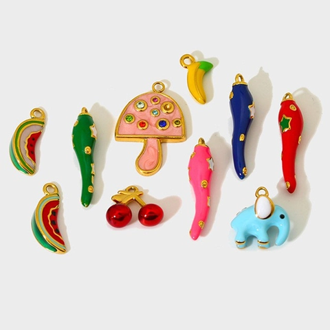 Stainless Steel Enamel Fruit Animal Charms Gold Plated Pendants For DIY Necklace Bracelet Jewelry Making Accessories