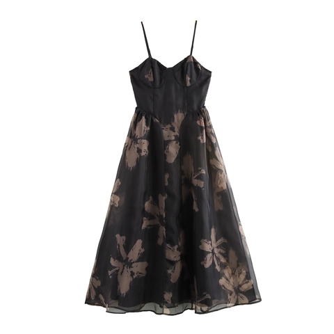 Abito Con Spalline Stampa Floreale Retro Francese Schiena Scoperta Vita Alta Organza Linea A Swing Senza Maniche Elegante