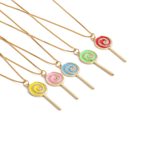 Collar Con Colgante De Piruleta Cobre Esmalte Colorido Joyería Para Mujer Zircón Chapado En Oro Cadena De Caja